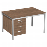 Schreibtisch feste Höhe, mit Hängecontainer mit 3 Metall-Schubfächern und Utensilienschubfach, 1200x800x720, Nussbaum/Lichtgrau