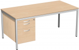 Schreibtisch feste Höhe, mit Hängecontainer mit 1 Metall-Schubfach, 1 Hängeregistratur und Utensilienschubfach, 1600x800x720, Buche/Lichtgrau