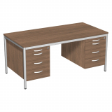 Schreibtisch feste Höhe, mit 2 Hängecontainern mit je 3 Metall-Schubfächern und Utensilienschubfach, 1600x800x720, Nussbaum/Lichtgrau