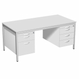 Schreibtisch feste Höhe, mit 2 Hängecontainern mit 1. 3 Metall-Schubfächern und Utensilienschubfach, 2. mit je 1 Metall-Schubfach, 1 Hängeregistratur und Utensilienschubfach, 1600x800x720, Lichtgrau/Lichtgrau