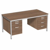 Schreibtisch feste Höhe, mit 2 Hängecontainern mit 1. 3 Metall-Schubfächern und Utensilienschubfach, 2. mit je 1 Metall-Schubfach, 1 Hängeregistratur und Utensilienschubfach, 1600x800x720, Nussbaum/Lichtgrau